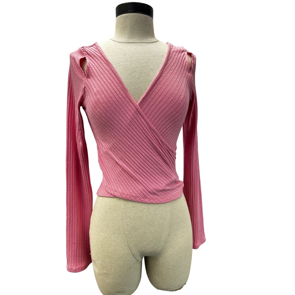 Carbon38 Wrap Top Womens Medium Pink Excellent Ribbed Cut Out Long Sleeve YD652